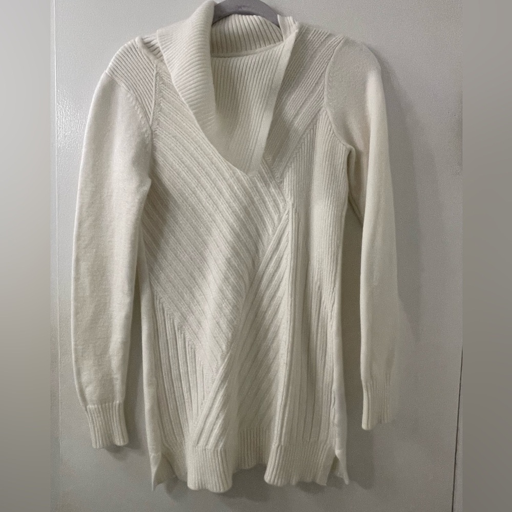 Le Chateau Cream Cowl-Neck Ribbed Sweater Dress